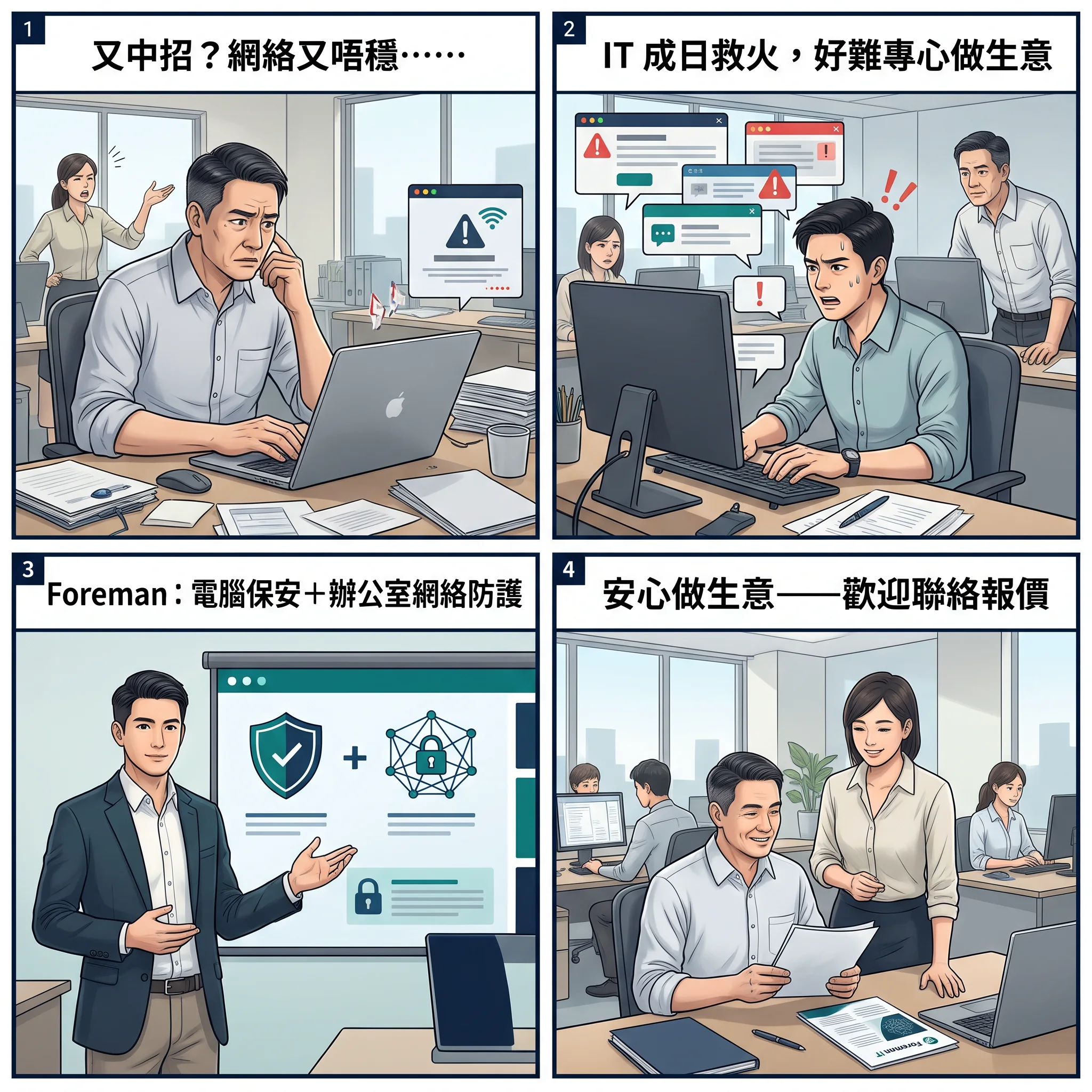 Four-panel comic: unstable networks and IT firefighting, then Foreman computer security plus office network protection, then a quote.